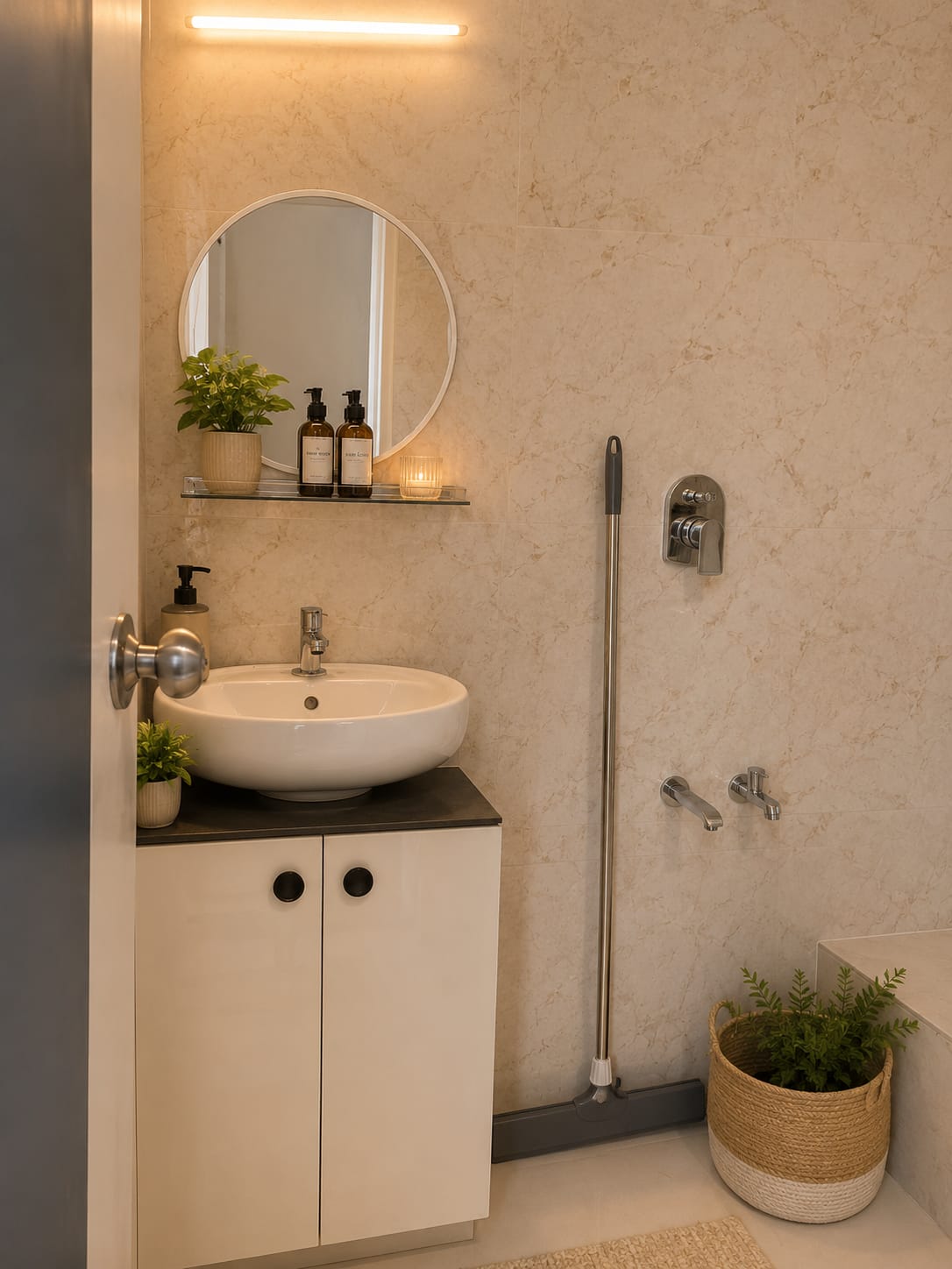 Marble bathroom with round mirror and vanity