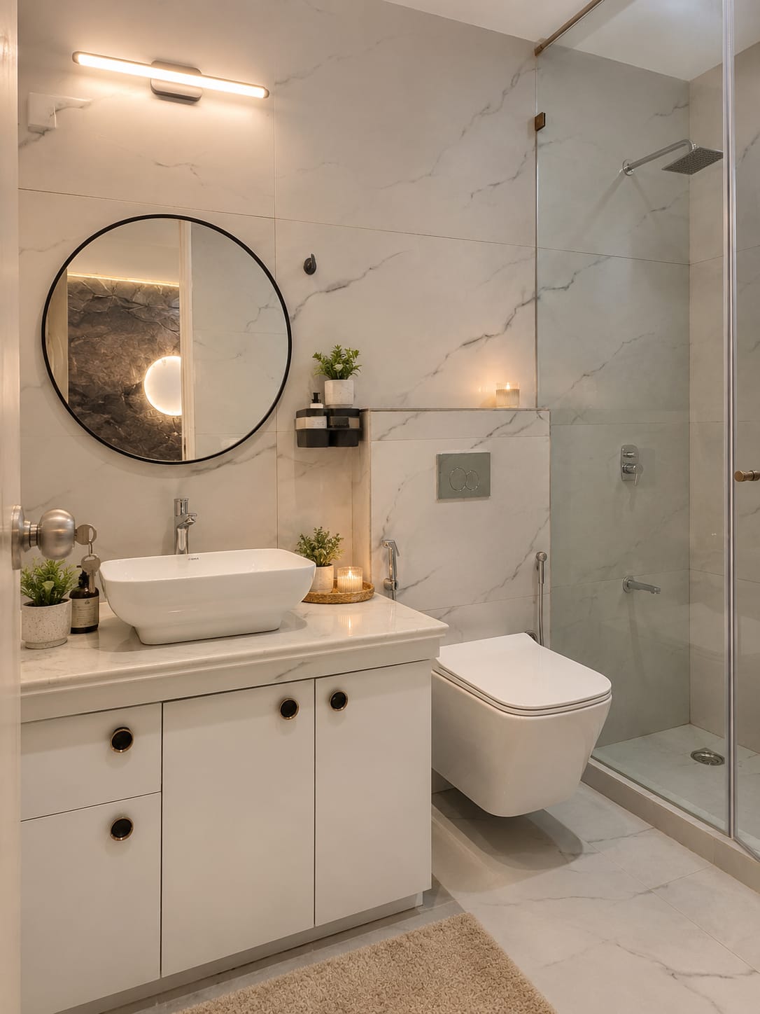 Modern bathroom with walk-in glass shower