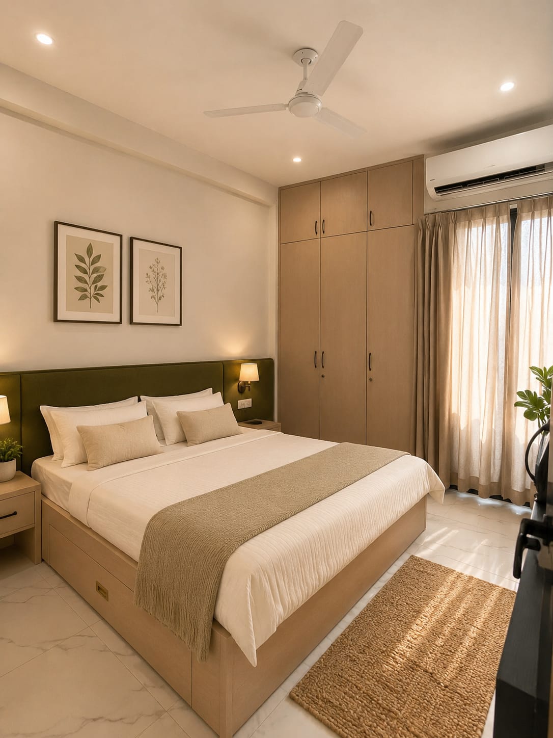 Serene bedroom with green headboard, wardrobe and balcony light