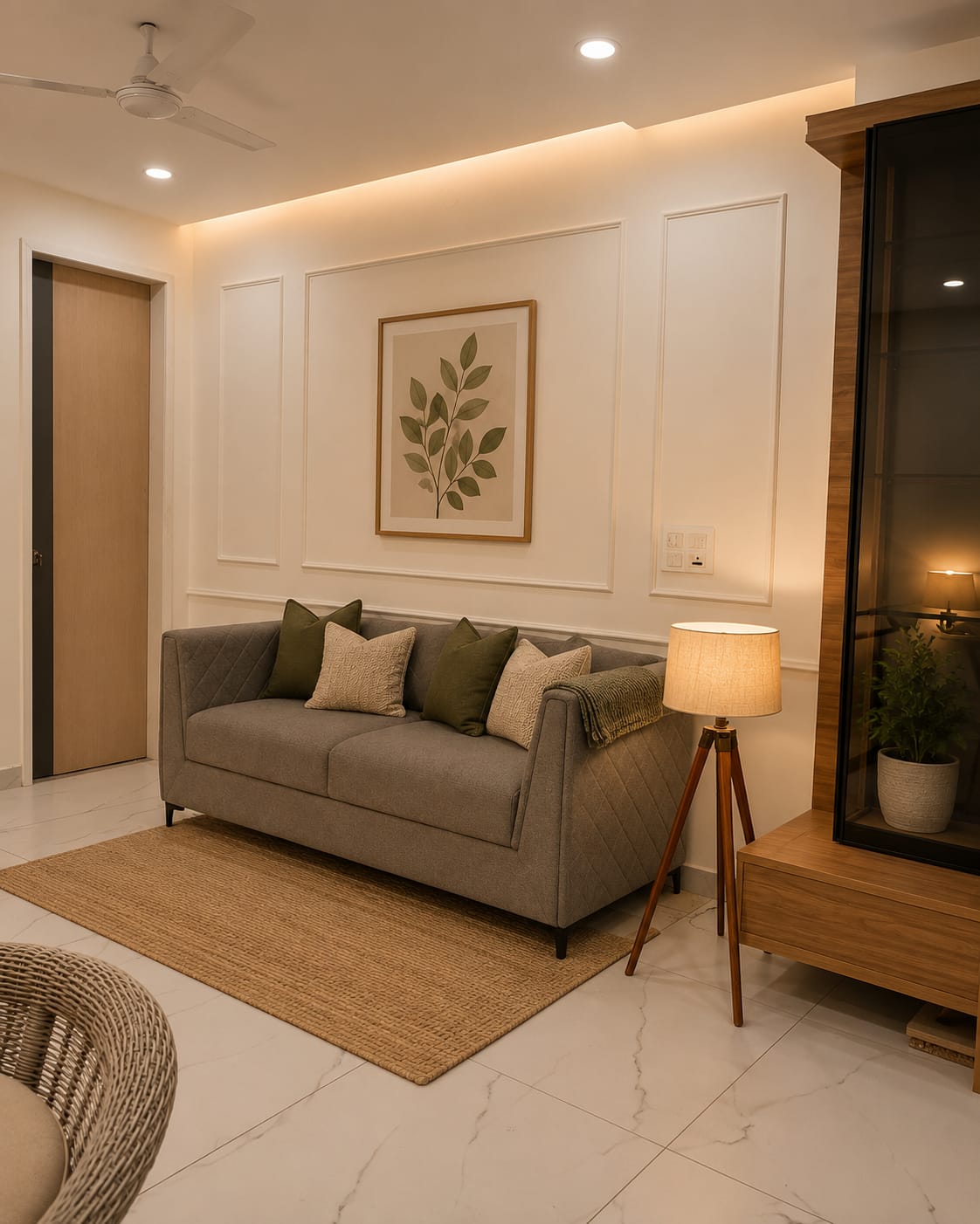 Elegant living room with grey sofa and tripod lamp