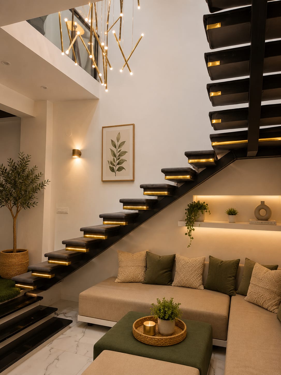 Cosy lounge beneath a gold-lit floating staircase