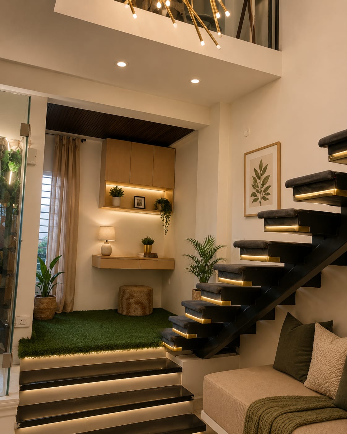 Floating staircase with study nook and indoor greenery